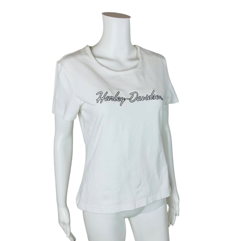 Harley Davidson White Baby Tee Womens Large Y2K Black Embroidered Logo Stretch - Picture 5 of 8